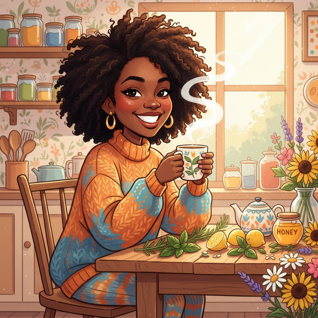 Woman enjoying a cup of herbal tea at home