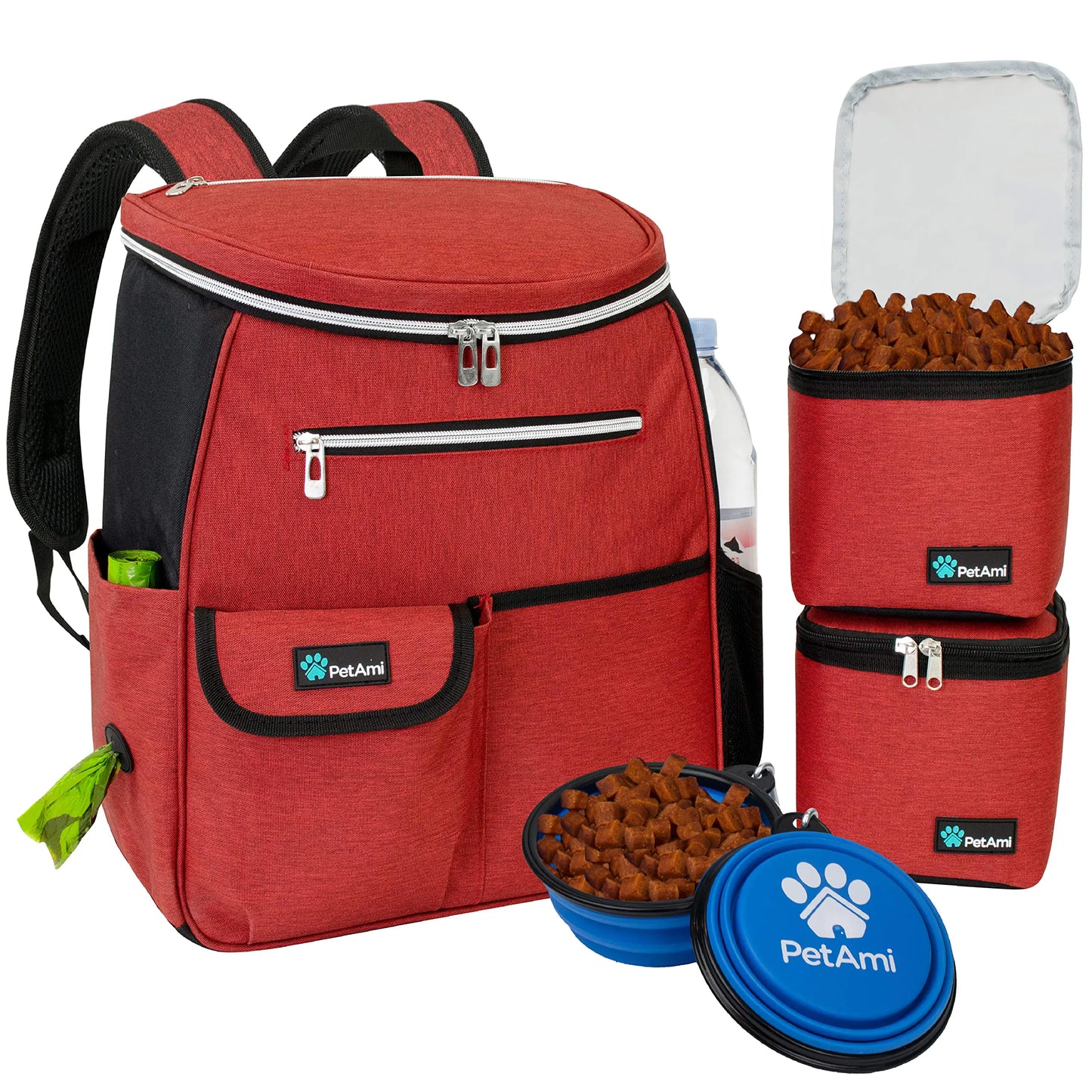 🎒PetAmi Dog Travel Backpack – Airline Approved Pet Supply Bag with Food Containers & Collapsible Bowls (Red)