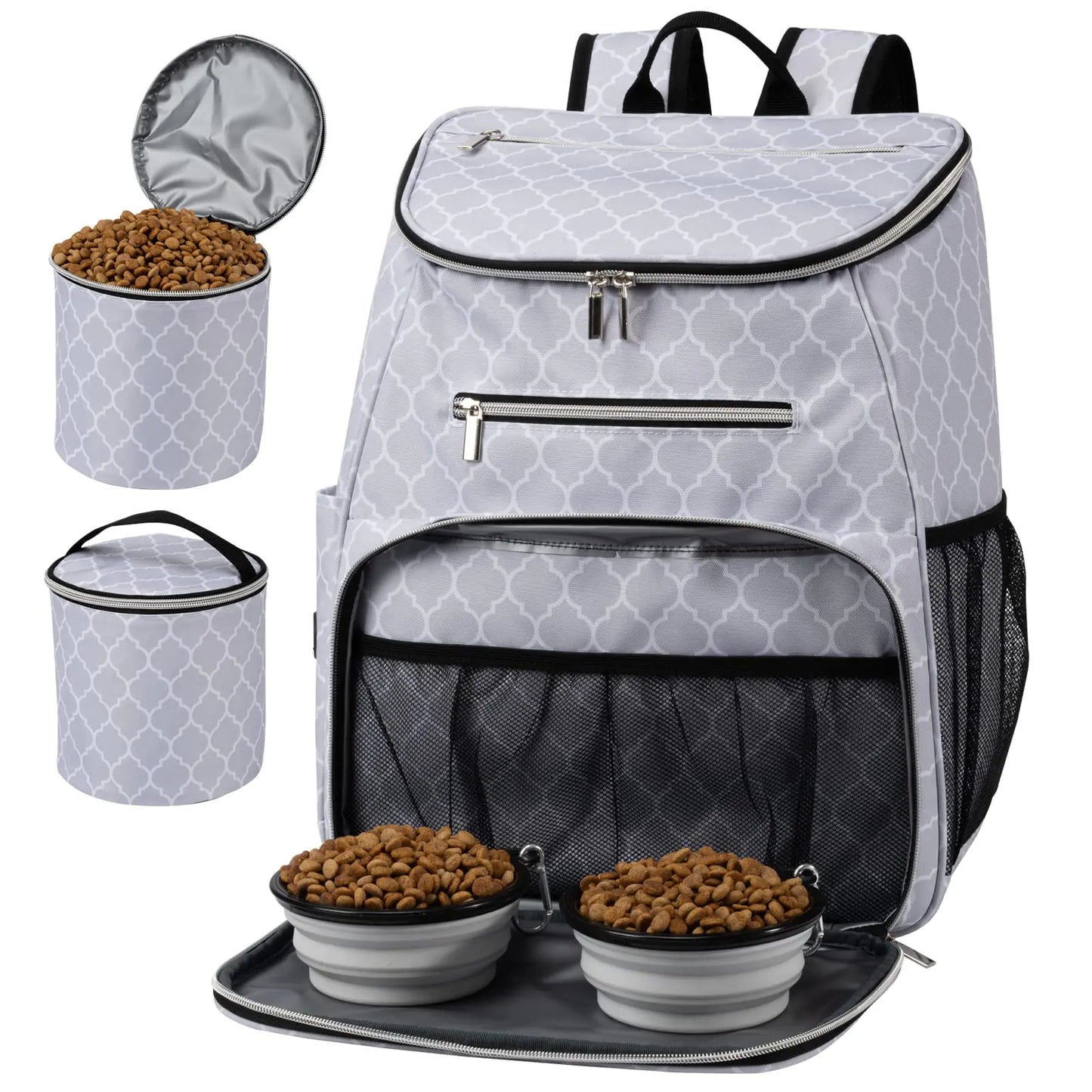 BAGLHER Dog Travel Backpack – Airline-Approved Pet Supply Bag with Bowls & Food Containers (White)