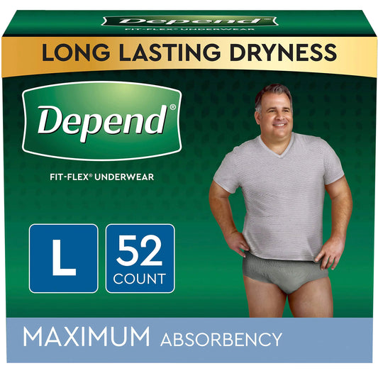 LARGE – Depend FIT-FLEX Incontinence Underwear for Men, Maximum Absorbency, Disposable, Grey (52 Count / 2 Packs of 26)