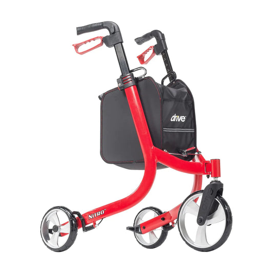 Drive Medical Nitro 3 Wheel Rollator Walker Ultra Lightweight Rollator Walker with Wheels Folding Rollator for Seniors and Adults Red