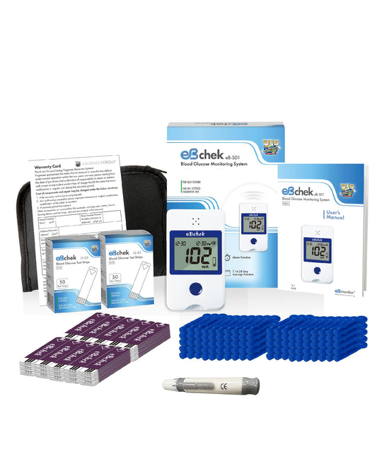 eBmonitor eBchek Blood Glucose Meter System – Multi-Lingual Voice Function, No Coding – 100 Test Strips, 100 Lancets (30G), Lancing Device – Portable Diabetes Test Kit