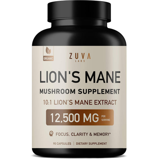 Organic Lions Mane Mushroom Supplement - 12500 mg Lions Mane Mushroom Capsules with Cordyceps & Reishi for Immunity Support - Nootropic Supplements for Brain & Cognitive Support