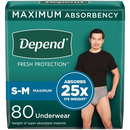 Small/Medium – Depend Fresh Protection Incontinence Underwear for Men, Maximum Absorbency, Disposable, Grey (80 Count / 2 Packs of 40)
